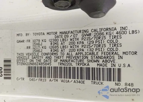 2008 Toyota Tacoma из США, поврежденный, VIN 5TENX22N88Z485845